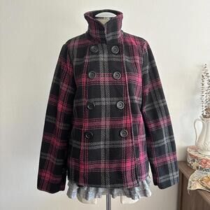 Black and pink plaid pea coat